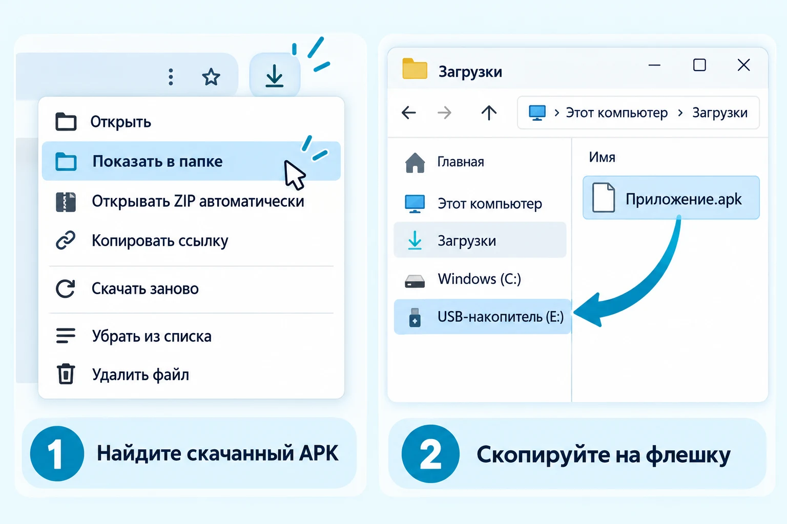 Show in folder is highlighted in the download menu; an arrow shows copying App.apk from Downloads to a USB drive